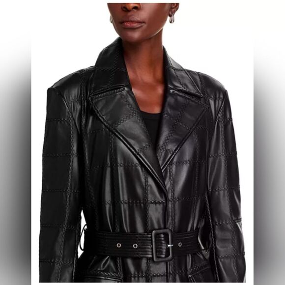 New Bagatelle Faux buttery soft patch black Leather belted Long Trench Coat Sz M - Picture 3 of 16
